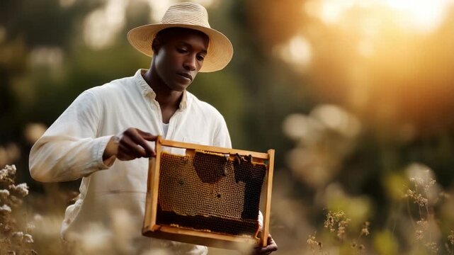 A Dedicated Beekeeper Inspects Honeycomb Frames Under Golden Sunlight, Showcasing the Art of Beekeeping in a Serene Natural Setting