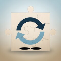 A stylized illustration of two arrows forming a circular motion on a beige background with a blue gradient