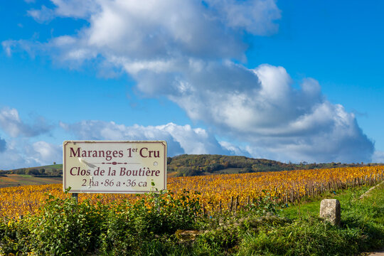 Maranges 1er Cru vineyard sign in autumn Bourgogne Franche Comte
