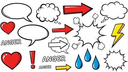 Comic Book Style Elements Set With Speech Bubbles And Symbols