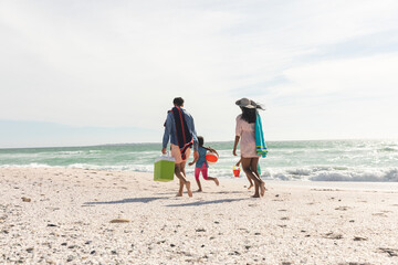 Obraz premium Full length rear view of multiracial family walking on shore at beach during sunny day