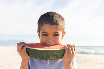 Portrait of cute boy eating large fresh watermelon slice at beach on sunny day © wavebreak3