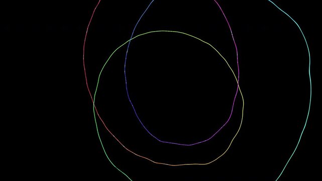 Abstract 3D torus knot composed of thousands of iridescent particles with phase shift trails. Seamless loop of flowing light filaments generating a quantum energy structure on black background.