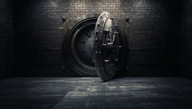 Dark Industrial Vault Door Open in Dimly Lit Room