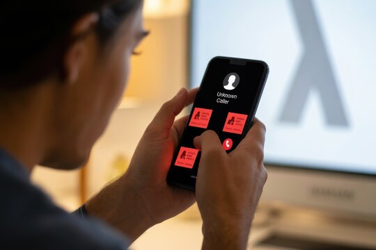 Person contemplating an unknown spam call on their mobile phone.