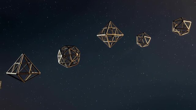 Abstract 3D animation of golden wireframe geometric forms moving and rotating in a dark starry cosmos. Perfect for spiritual, scientific, or futuristic projects.