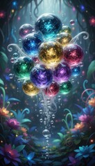 Obraz premium Colorful crystal bubbles on black, luxury abstract sparkle background