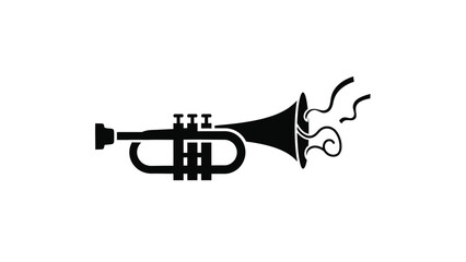 Black of a trumpet with smoke coming out of the bell white white with music and instrument and illustration Silhouette vector on whit Background © Antu