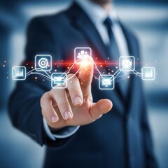 Businessman interacting with virtual technology interface in a futuristic setting