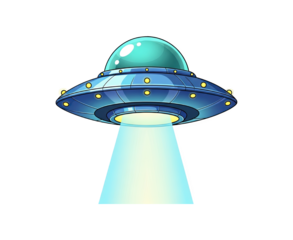 Cartoon Blue Flying Saucer Spaceship Emitting Light Beam Isolated On Black Background