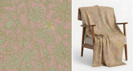 Cozy chair with floral blanket and matching wallpaper pattern