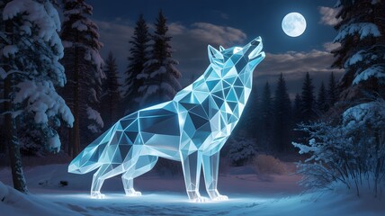 Luminous geometric wolf howls at the moonlit winter night sky