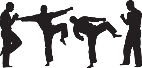 Silhouette of people practicing martial arts in various poses