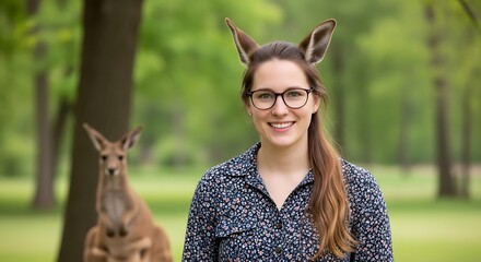 Woman with Kangaroo Ears in Park with Kangaroo.