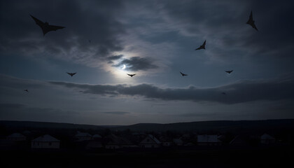 Fototapeta premium Bats flying over village during partial solar eclipse