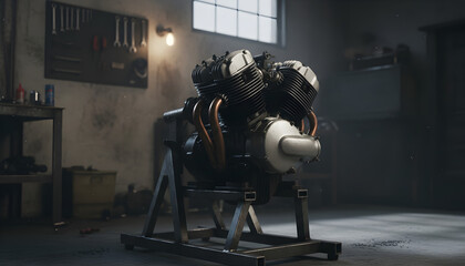 Vintage motorcycle engine on stand in industrial workshop