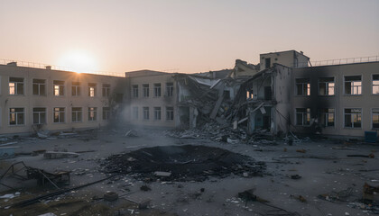 Obraz premium Destroyed building with impact crater and smoke at sunset
