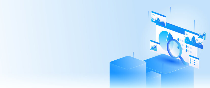 Stock market isometric of financial dashboard data analysis with magnifying glass, and financial metrics concept in banner web.