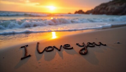 I love you text written in sand on a beach at sunset with ocean waves. Romantic love message for Valentines Day greeting card.