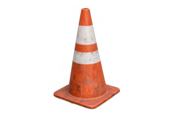 Traffic cone marking a construction zone, warning of road work and hazards, transparent background