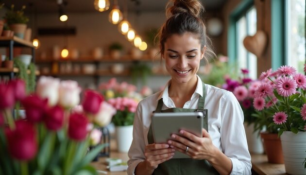Young beautiful woman florist using digital tablet in flower shop, smiling caucasian female entrepreneur with tablet for small business concept.