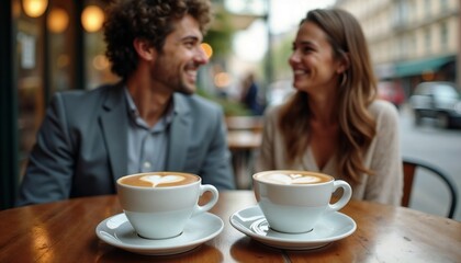 Two coffee cups with heart art on a wooden table, in front of a man and a woman meeting at a cafe for a happy date concept.