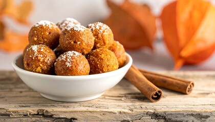 Delicious Pumpkin Spice Donut Holes with Cinnamon Sticks.