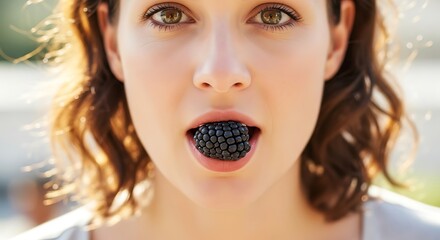 Woman with Mouthful of Blackberries - A Berry-licious Bite.