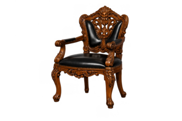 Ornate baroque armchair having luxurious carved wood details and black leather upholstery, showing elegance and vintage style