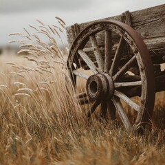 Old Wagon Wheel in Wheat Field