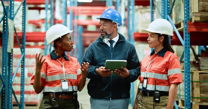 Business people, tablet or warehouse manager with team for inventory, supply chain or storage check. Group, employees or inspector with technology for shipping, distribution or logistics in depot