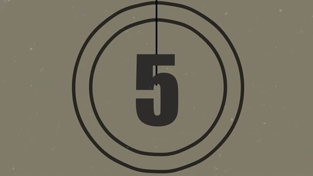 Old-style film leader countdown with olive green tones, aged analog film texture, rotating timing rings, and cinematic flicker. Ideal for archival footage, historical themes, retro documentaries