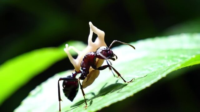 Cordyceps fungus infecting an insect. When infected, the fungus changes the behaviour of the insect causing it to cling to a leaf in the understory so the spores can disperse easily.
