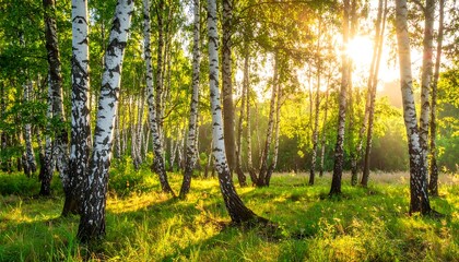 Obraz premium Sunlit birch forest with vibrant green foliage, dappled light