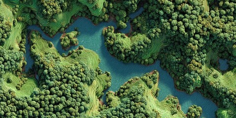 Aerial view of a river meandering through a forest with layered topography
