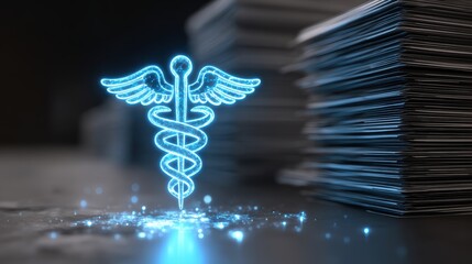 Glowing blue caduceus symbol with wings on a dark background with stacks of paper