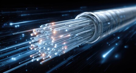 Fiber optic cable end emitting blue light streaks into dark