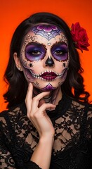 Woman with Sugar Skull Makeup for Day of the Dead.