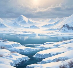 Arctic winter landscape background, frozen tundra, light snowfall, cool blue and white color palette