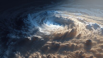Dramatic aerial view of a powerful hurricane swirling from space with sun rays breaking through clouds