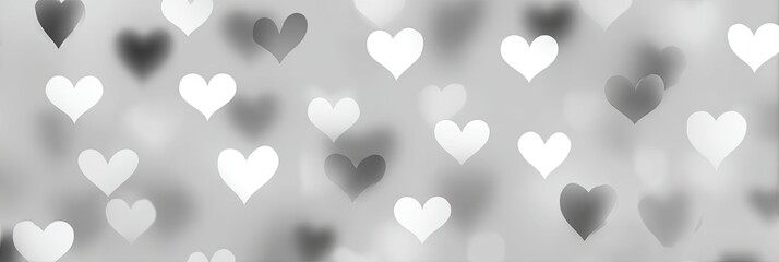 Abstract background of grey and white hearts in a blurred bokeh effect