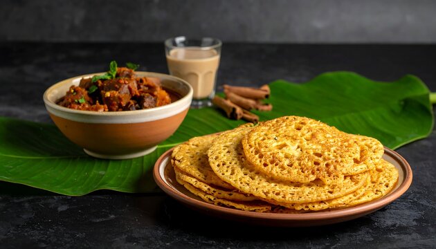 Delicious Neer Dosa with Chicken Curry and Chai on Banana Leaf.