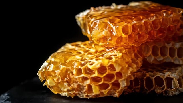 Stack of golden, dripping honeycomb pieces on a dark background