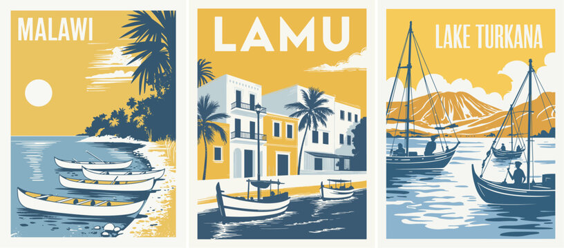 Retro art deco travel poster triptych featuring Malawi, Lamu, and Lake Turkana with minimalist geometric style, bold colors, and coastal scenery.