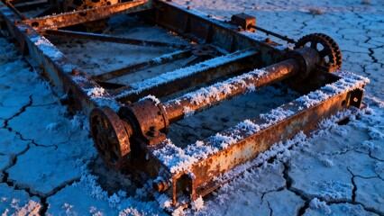 Rusty industrial machinery frame covered in frost on cracked earth