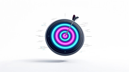Minimalist 3d render of a futuristic dark metal target bullseye with glowing cyan and magenta neon rings. a chrome dart strikes the exact center surrounded by floating holographic hud data interfaces 