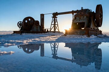 Industrial machinery on frozen lake at sunset with reflection in water