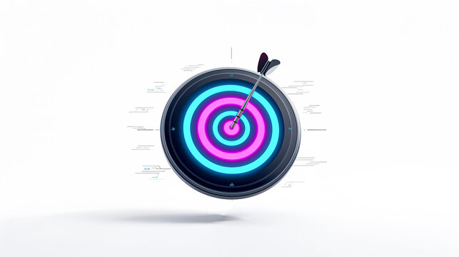 Minimalist 3d render of a futuristic dark metal target bullseye with glowing cyan and magenta neon rings. a chrome dart strikes the exact center surrounded by floating holographic hud data interfaces  - Powered by Adobe