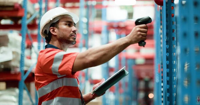 Man, tablet and scanner for inventory management at warehouse, checklist and smile at shipping company. Person, tech and barcode with app, storage and stock for supply chain at distribution plant