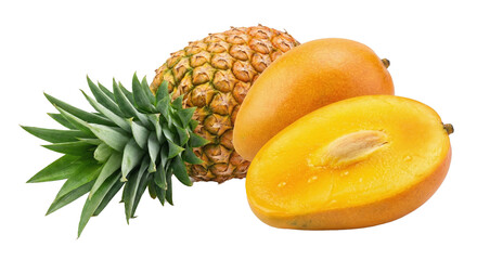 Ultra-detailed mango and pineapple composition, mango cut in half revealing golden flesh, tropical fruit, clean white background, commercial food photography